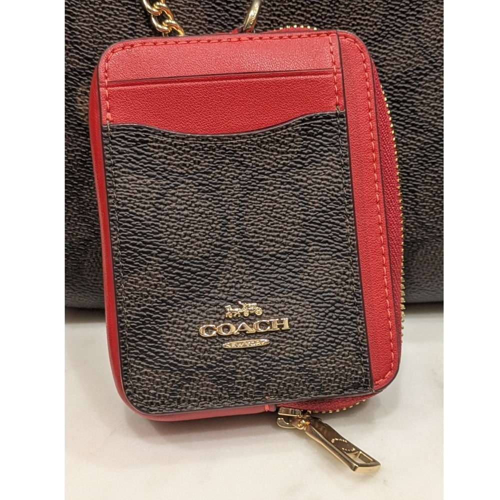 Coach Mini Rowan File Bag and Coach Zip Card Case Walnut w/ Red Trim Authentic - Picture 14 of 16